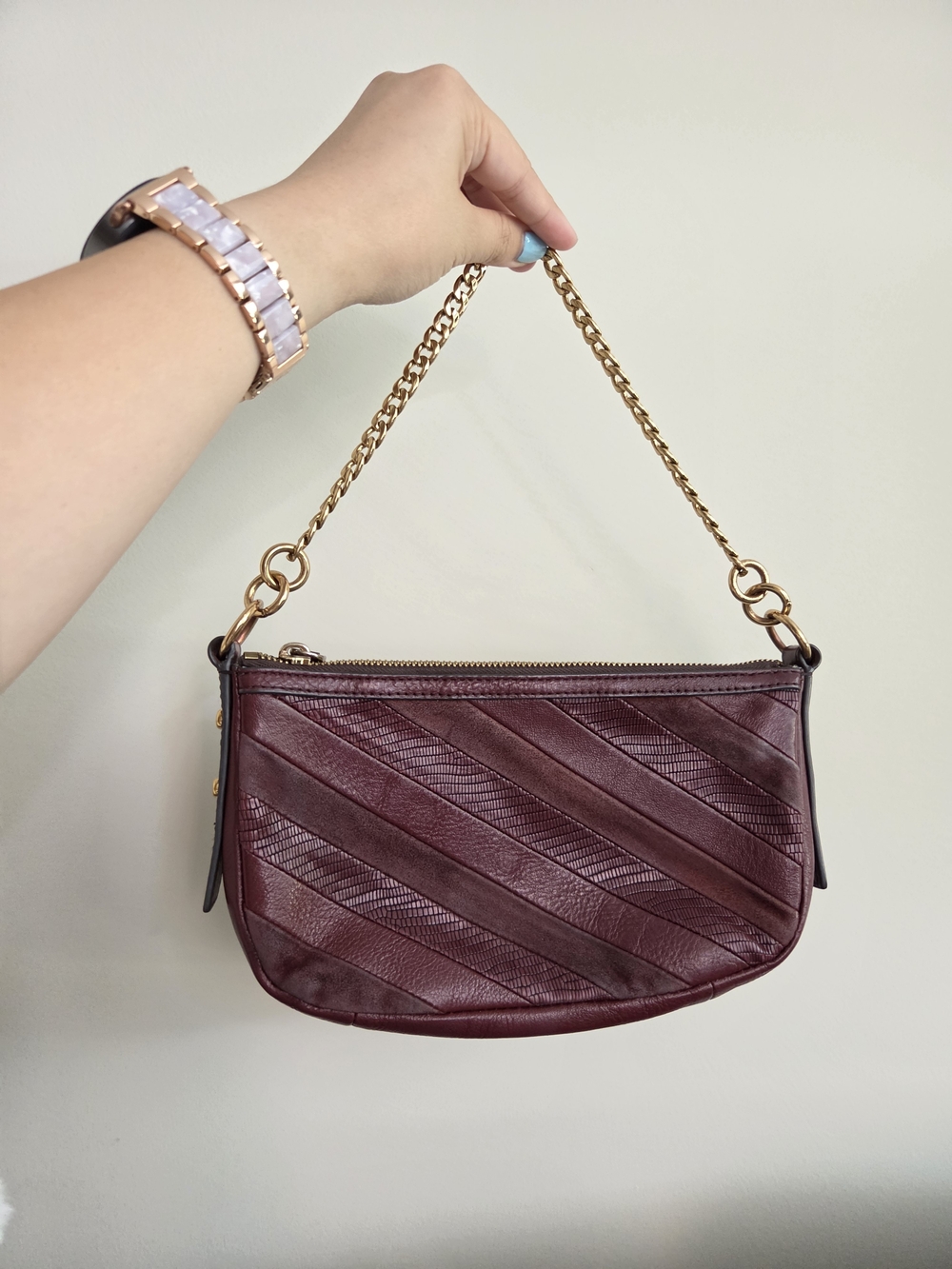 Fossil Women's Burgundy Leather Chain-Handle Shoulder Bag